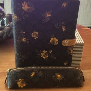 Coach Dark Brown Floral Zip Pencil Case & Notebook Cover with Yellow Roses
